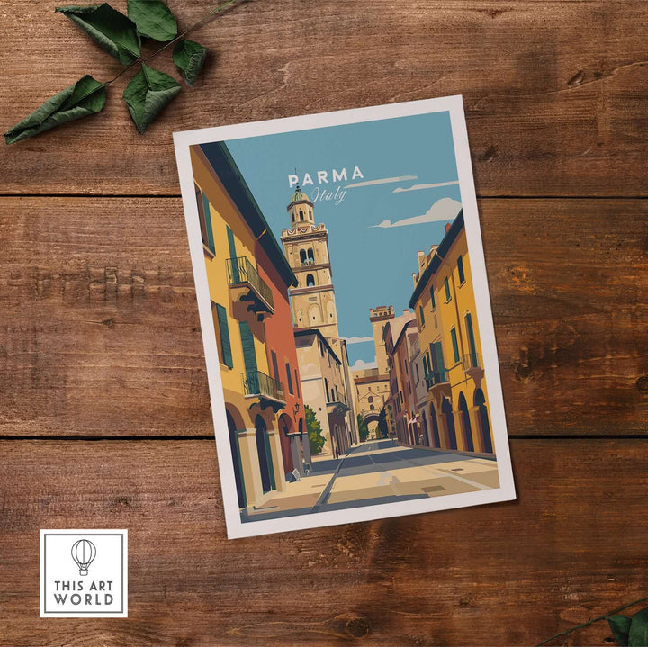 Parma art print poster showcasing a minimalist cityscape of Parma's architecture on wooden background.