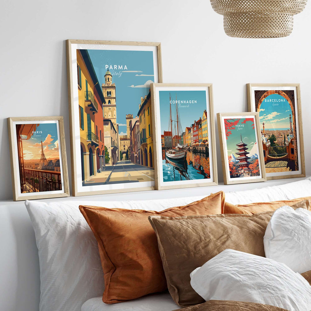 Parma art print and cityscape posters in stylish frames, enhancing minimalist decor on a cozy sofa.