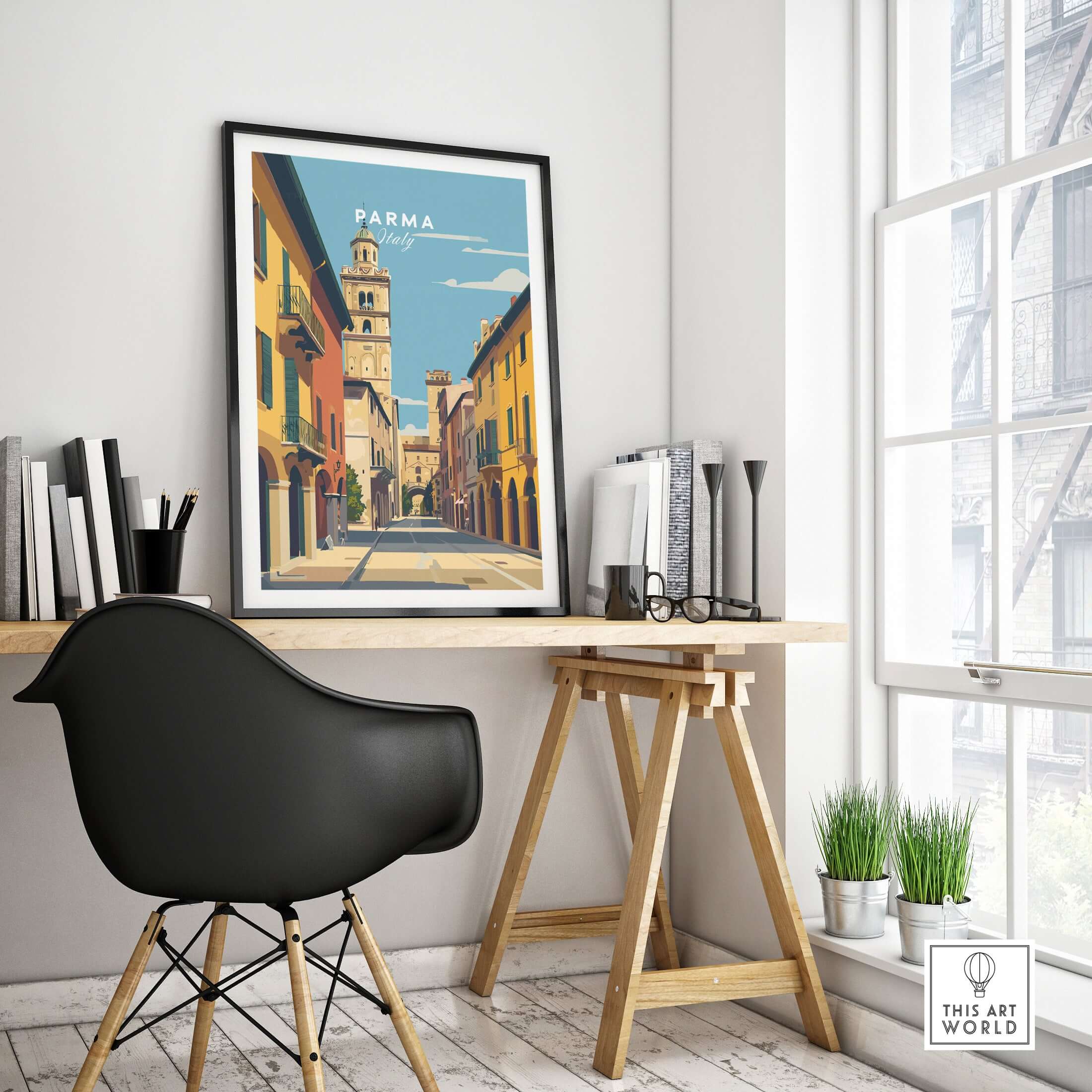 Parma Art Print - Italian Cityscape Poster - Minimalist Architectural Decor displayed in a modern home office setting.