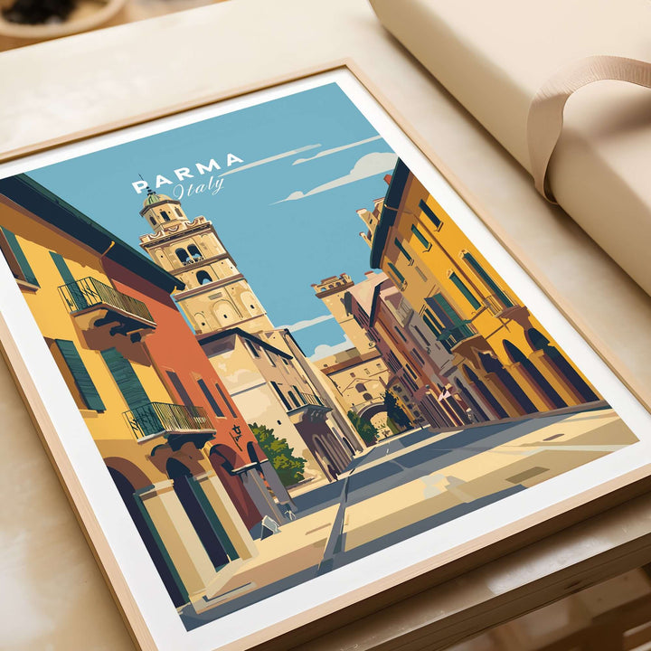 Minimalist Parma art print featuring iconic Italian cityscape in vibrant colors, perfect for modern architectural decor.