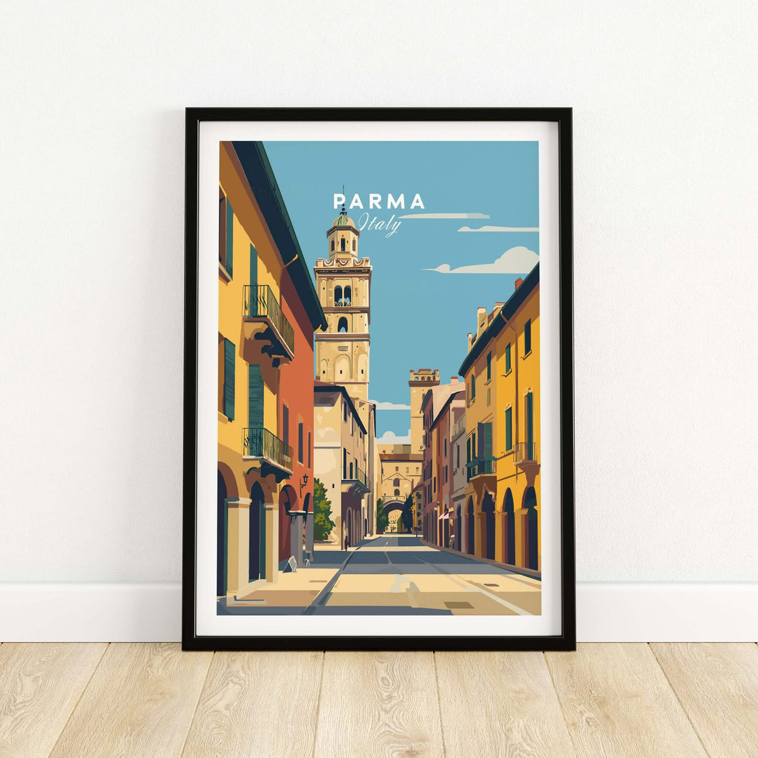 Parma art print showcasing a minimalist cityscape of Italian architecture, framed and ready for modern decor.