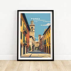 Parma Art Print - Italian Cityscape Poster - Minimalist Architectural Decor framed on wall featuring a street view of Parma, Italy.