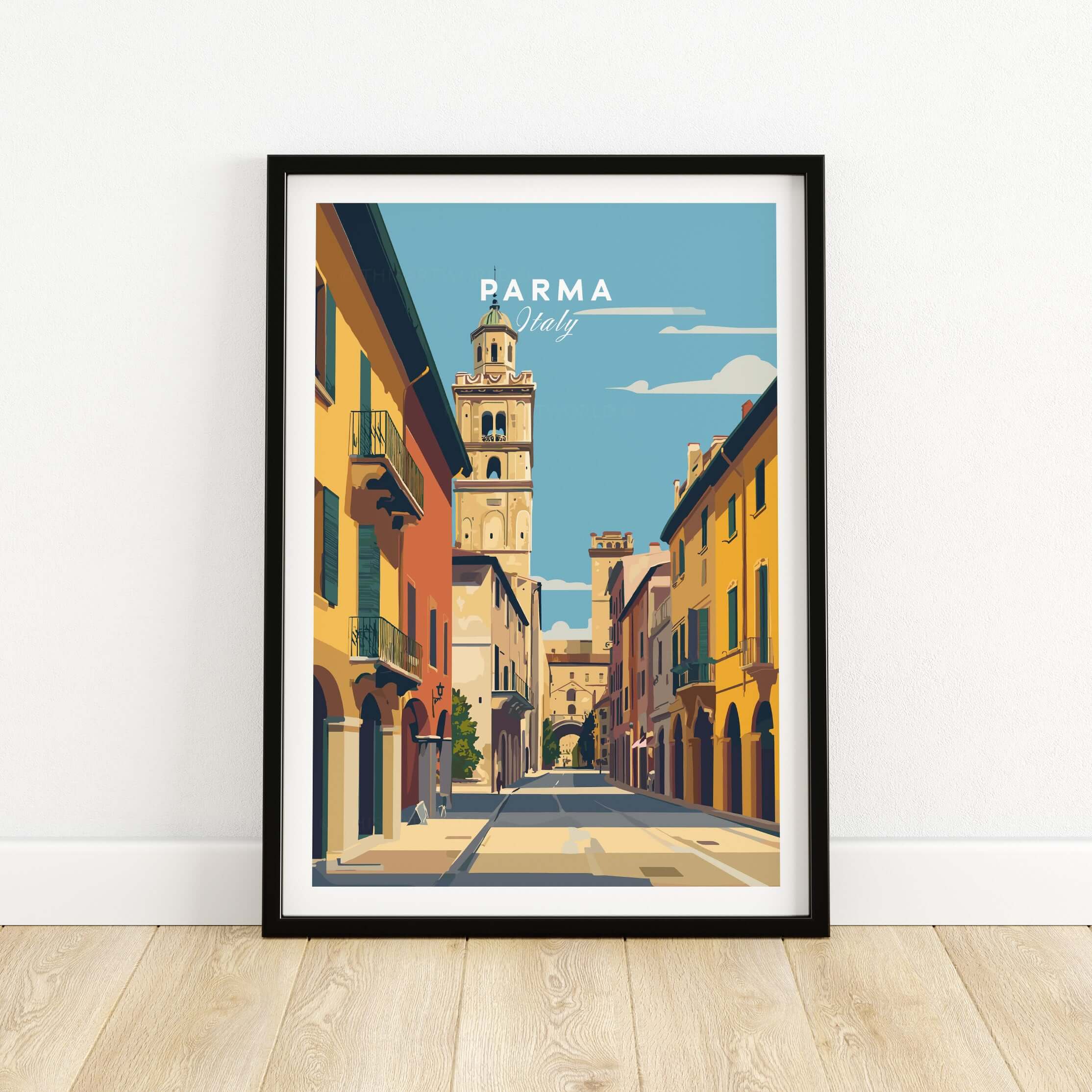 Parma Art Print - Italian Cityscape Poster - Minimalist Architectural Decor framed on wall featuring a street view of Parma, Italy.