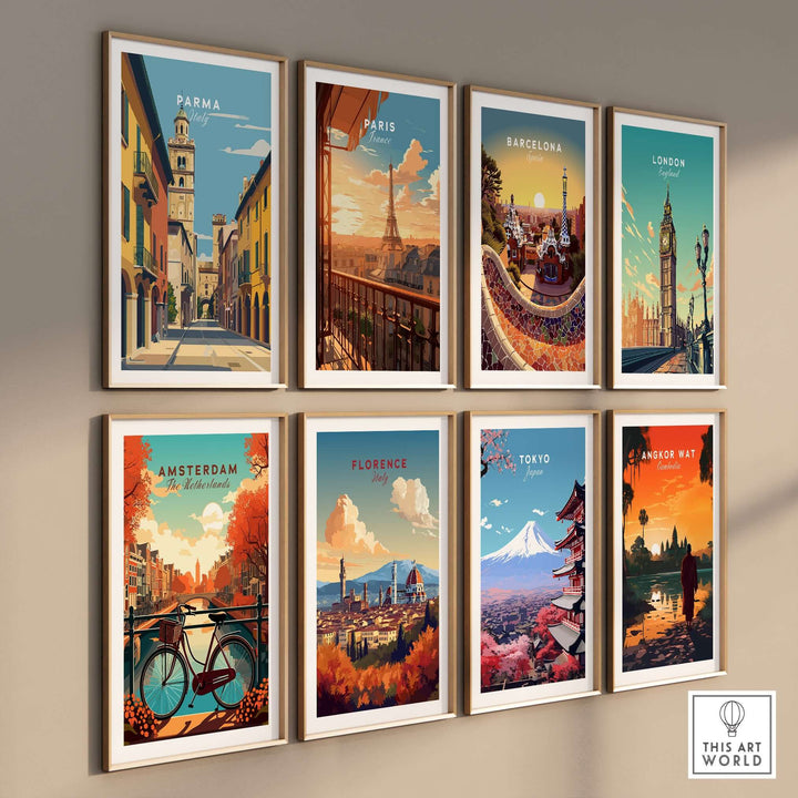 Gallery wall displaying cityscape art prints of Parma, Paris, Barcelona, London, Amsterdam, Florence, Tokyo, and Angkor Wat.