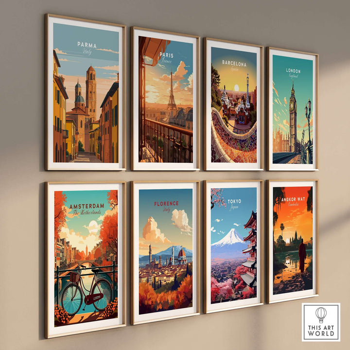 Gallery wall featuring vibrant travel art prints of cities: Parma, Paris, Barcelona, London, Amsterdam, Florence, Tokyo.