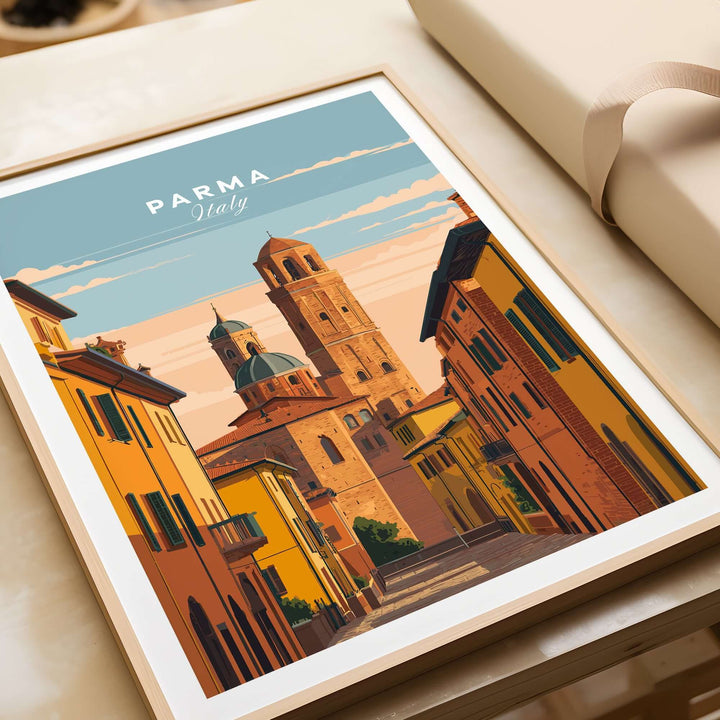 Parma art print showcasing a vibrant Italian street scene with historic architecture and warm colors.