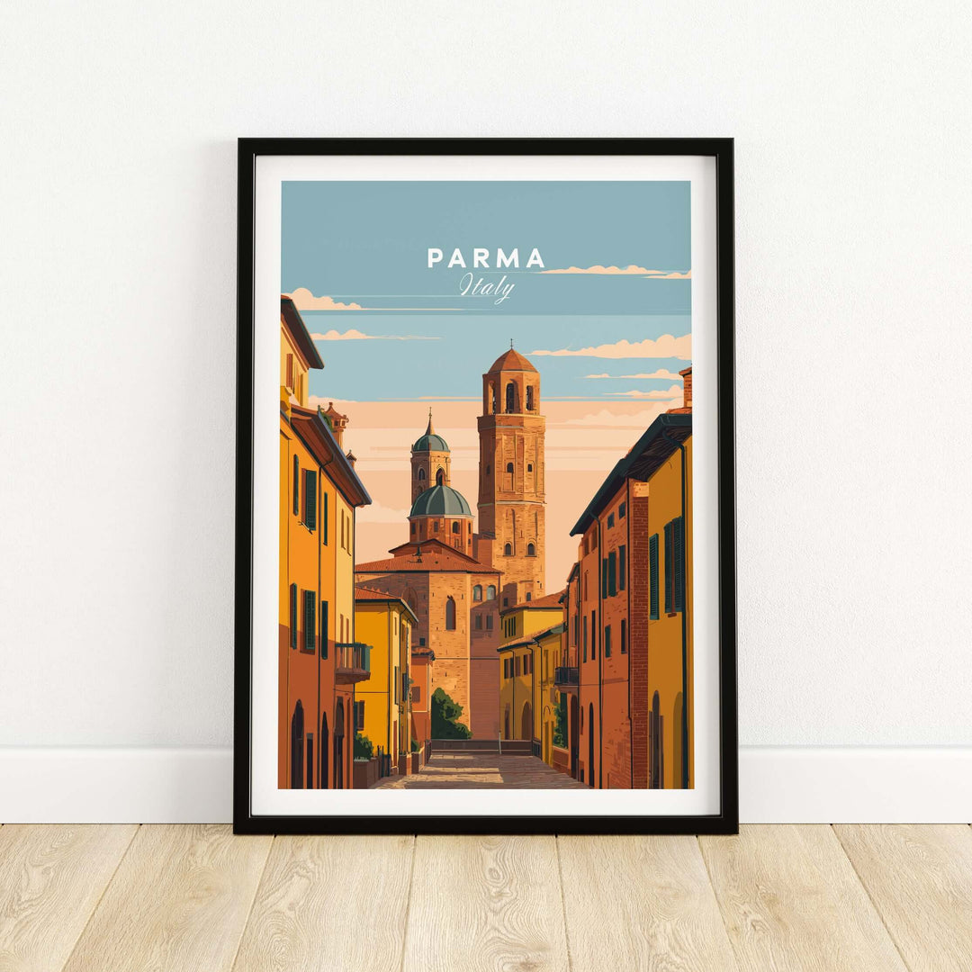 Parma art print showcasing a charming Italian street scene with vibrant colors and historic architecture.