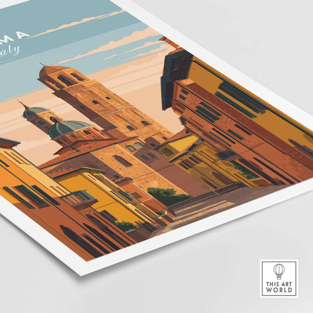 Parma art print showcasing an Italian street scene with historic buildings and churches in warm colors.