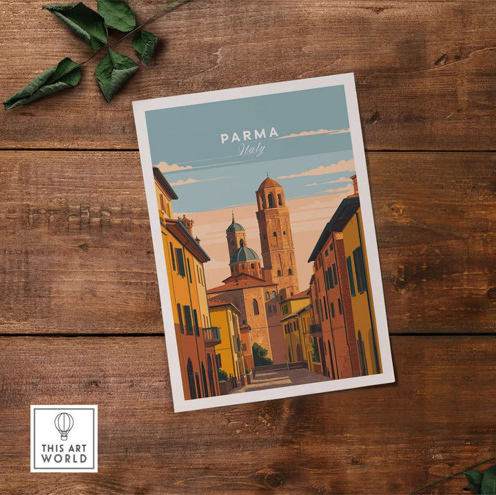 Parma art print featuring an Italian street scene with historic buildings and warm colors, ideal for wall decor.