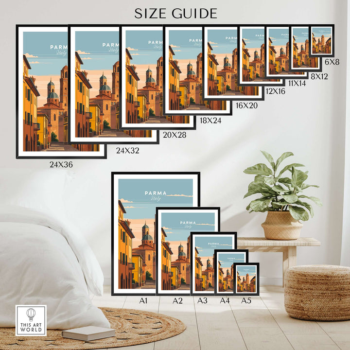 Size guide for Parma Art Print featuring various frame sizes for an Italian street scene poster.