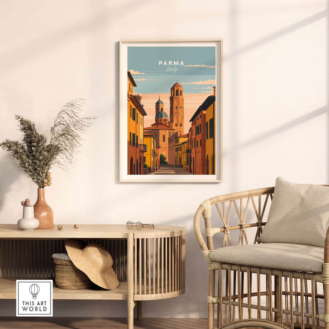 Parma art print showcasing an Italian street scene in warm colors, enhancing decor with a touch of European charm.
