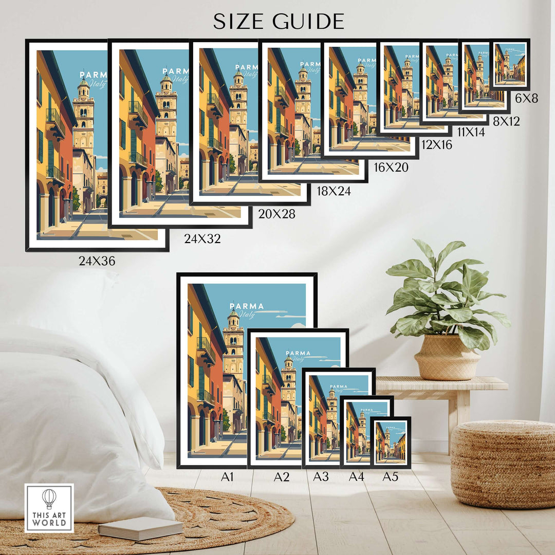 Size guide for Parma art print, showcasing various frame sizes for minimalist architectural decor.
