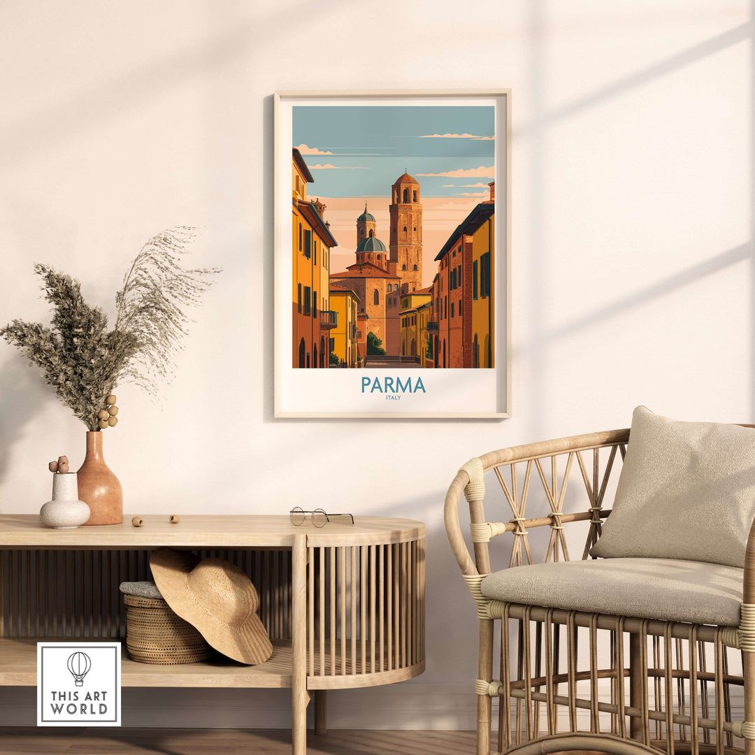 Parma cityscape poster featuring cathedral, Italian architecture, and warm colors in a cozy living room setting.