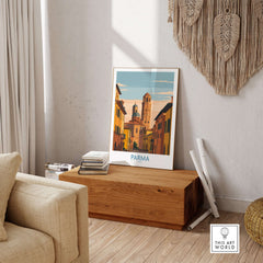 Parma Cityscape Poster - Italy Architectural Art Print - Cathedral Wall Decor displayed in a modern living room setting.