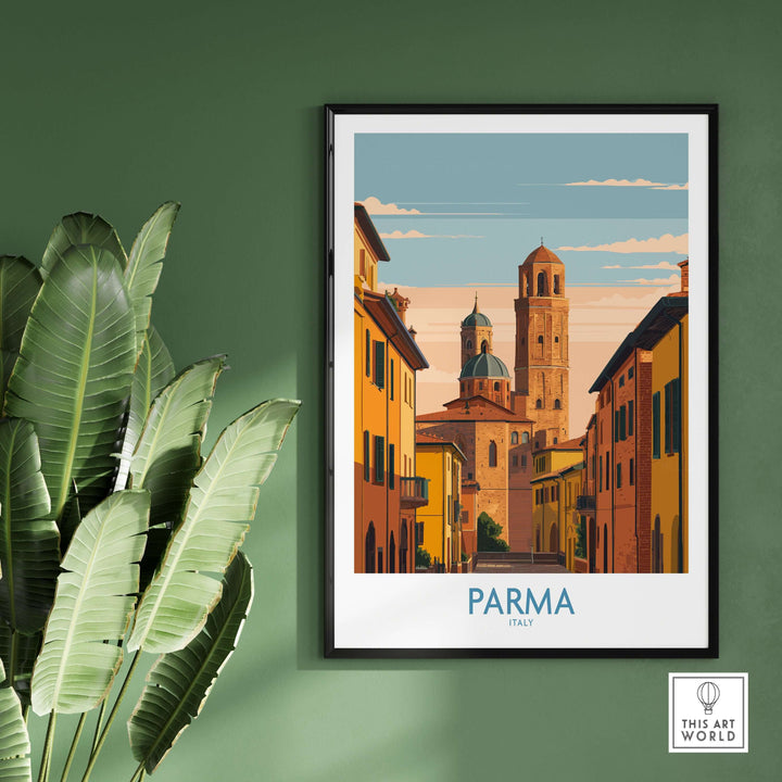 Parma cityscape poster featuring iconic architecture and vibrant colors, perfect for home wall decor.