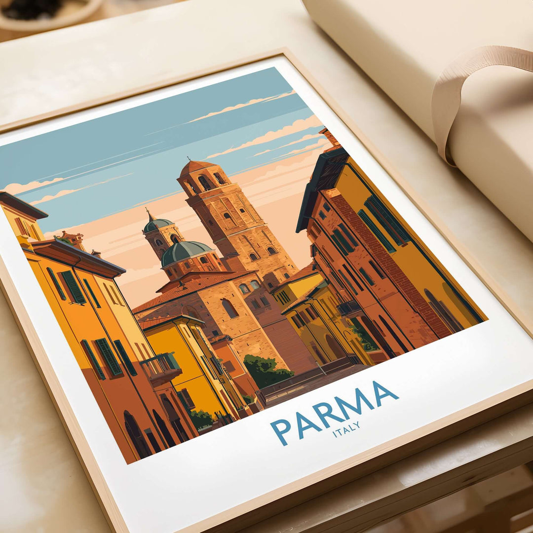 Parma cityscape poster featuring iconic architecture and vibrant colors, perfect for wall decor.
