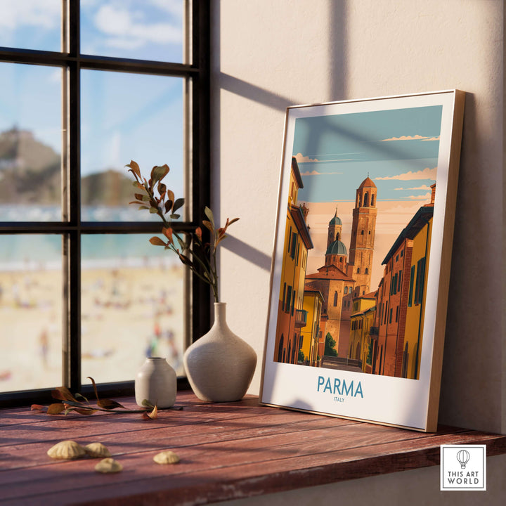 Parma cityscape poster featuring iconic cathedral and colorful architecture, displayed in a cozy interior setting.