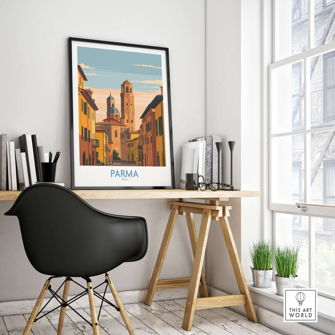 Parma Cityscape poster displayed in a modern workspace, showcasing Italy's architectural beauty and charm.