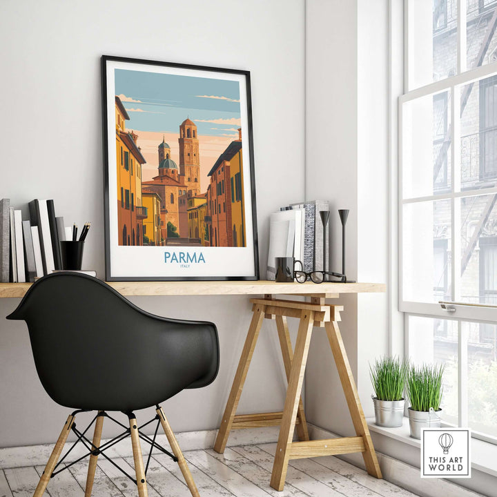 Parma Cityscape poster displayed in a modern workspace, showcasing Italy's architectural beauty and charm.