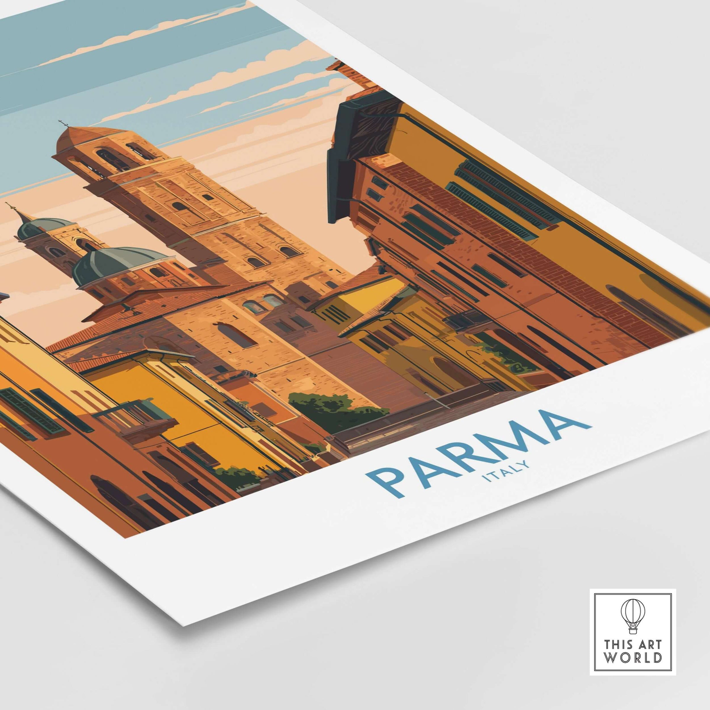 Parma Cityscape Poster - Italy Architectural Art Print - Cathedral Wall Decor featuring iconic cathedral and vibrant street.