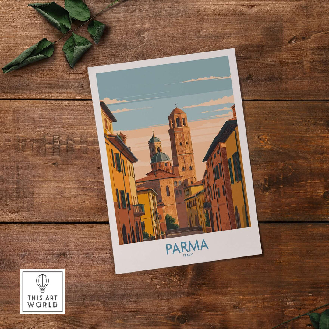 Parma cityscape poster featuring historic cathedral and Italian architecture, perfect for wall decor.