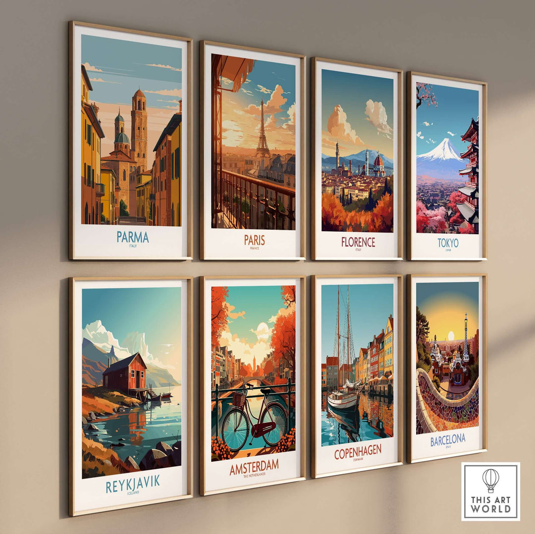 Collection of cityscape posters featuring Parma, Paris, Florence, Tokyo, Reykjavik, Amsterdam, Copenhagen, and Barcelona.