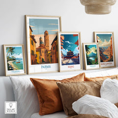 Parma Cityscape Poster - Italy Architectural Art Print - Cathedral Wall Decor displayed among other travel posters.