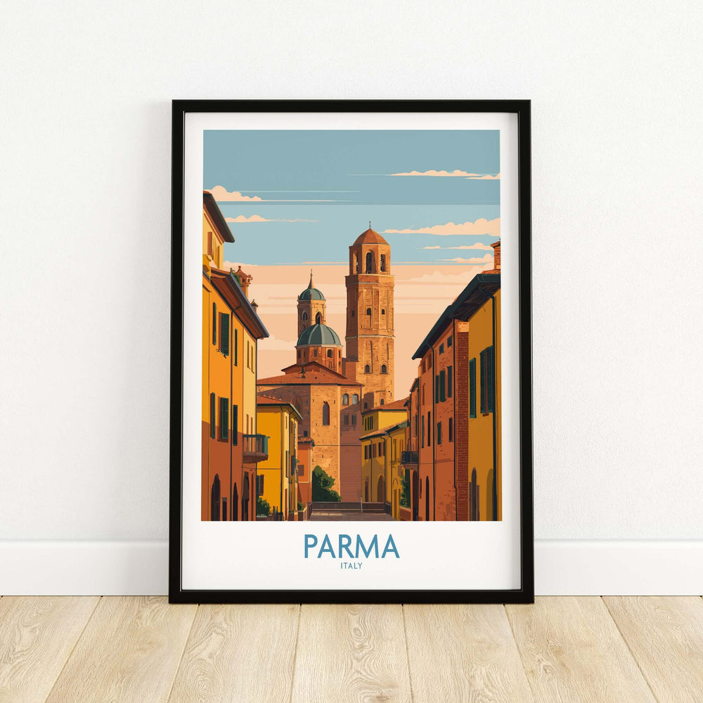 Parma cityscape poster depicting architectural beauty of Italy with historic buildings and vibrant colors.