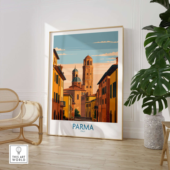 Parma Cityscape Poster showcasing the iconic cathedral and colorful Italian architecture in a stylish interior.