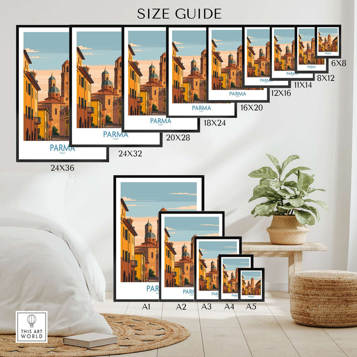 Size guide for Parma cityscape poster showcasing various frame options and dimensions for home decor.