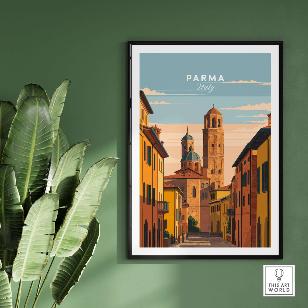 Parma art print featuring a charming Italian street scene and historic architecture, ideal for home decor.