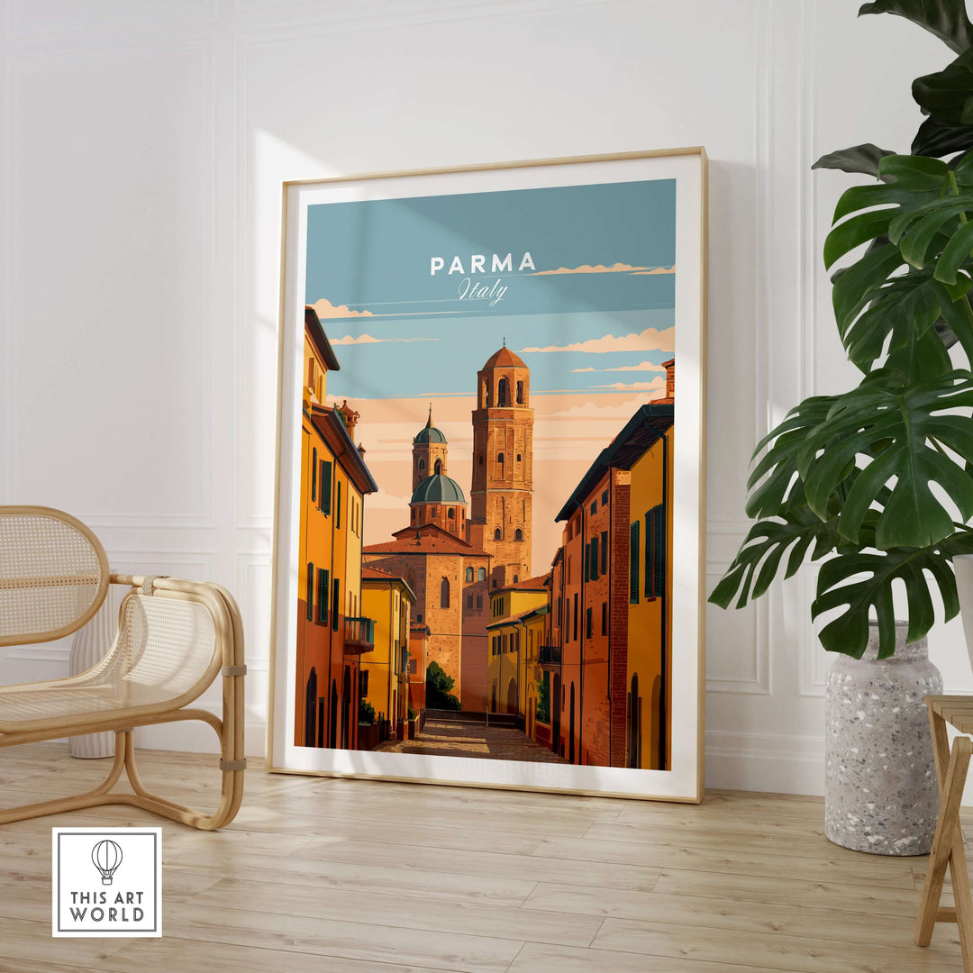 Framed Parma art print featuring an Italian street scene, showcasing the charm of Italy's historic city.