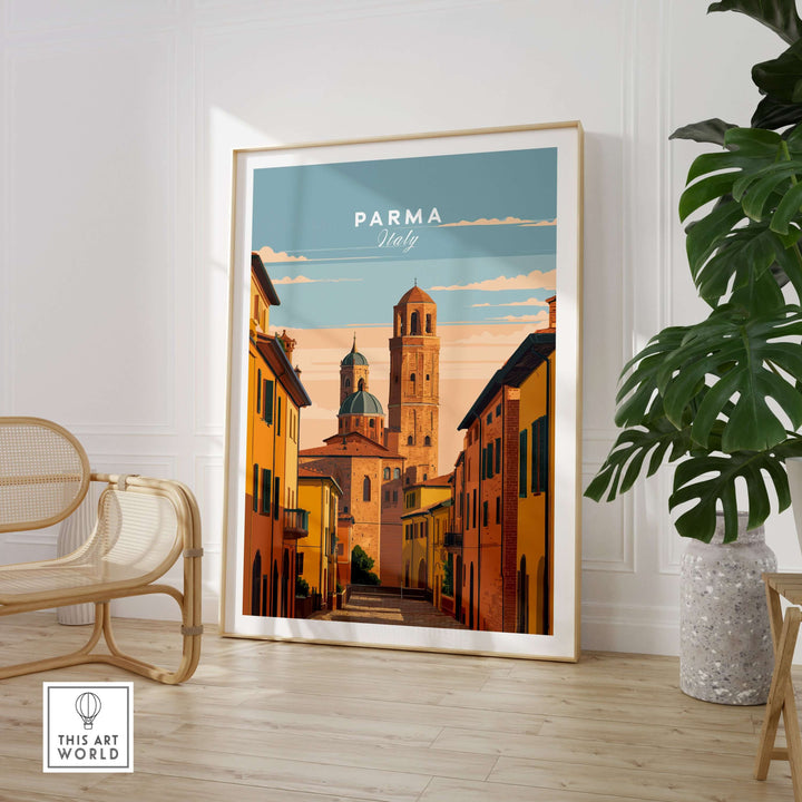 Framed Parma art print featuring an Italian street scene, showcasing the charm of Italy's historic city.
