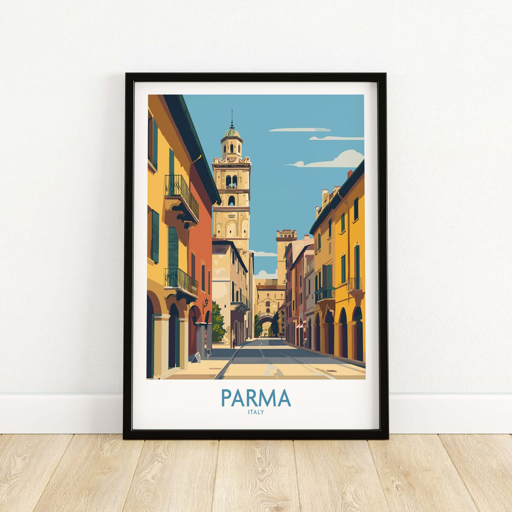 Parma wall art print showcasing Italy's charming architecture and vibrant streets in a colorful illustration.