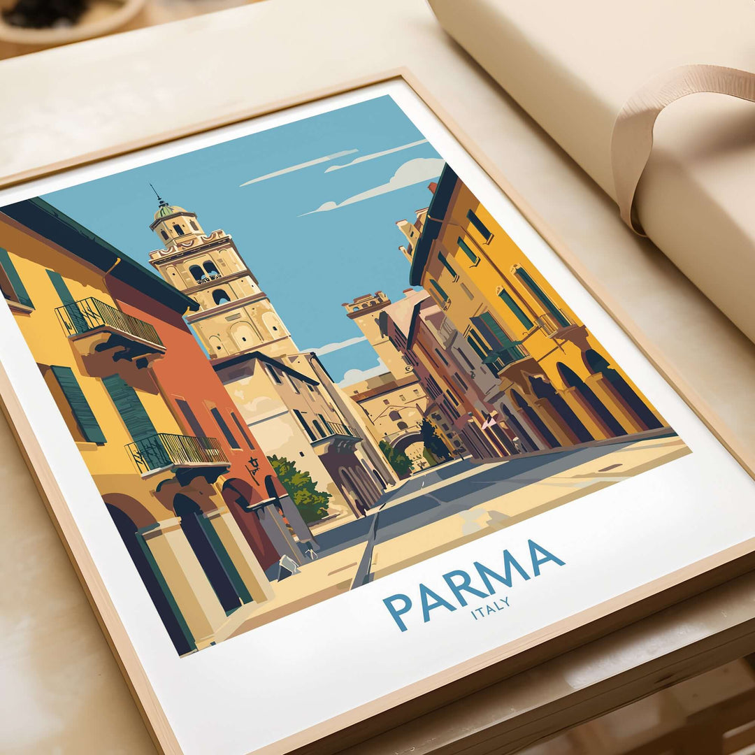 Parma wall art print showcasing colorful streets and architecture in Italy, perfect for travel enthusiasts.