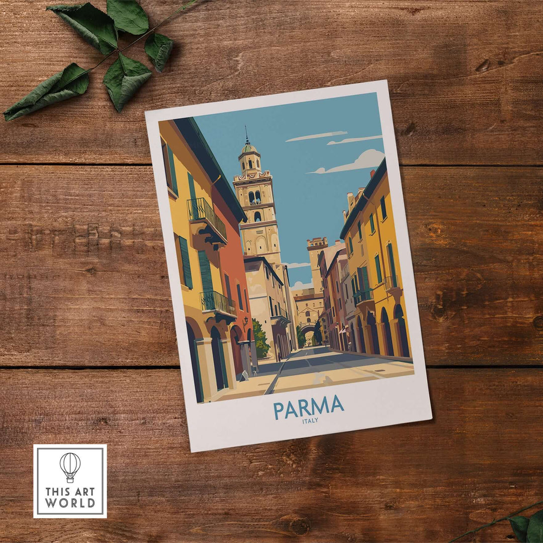 Parma Italy travel print showcasing charming architecture and vibrant streets, perfect for home décor.