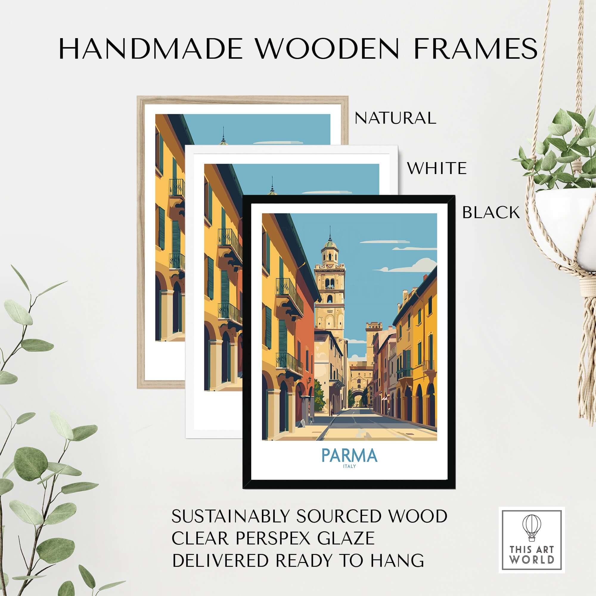 Parma Wall Art - Italy Travel Print showcased in handmade wooden frames in natural, white, and black finishes.