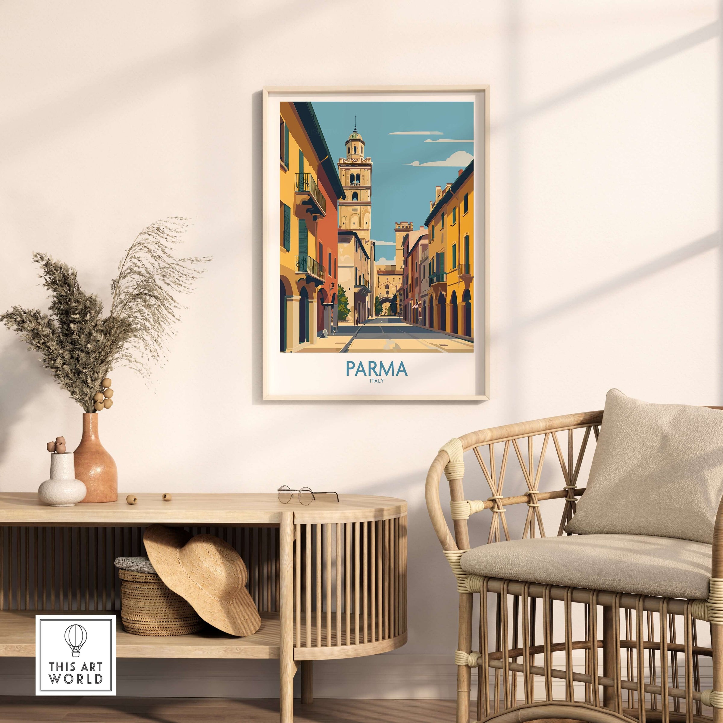 Parma Wall Art - Italy Travel Print displayed in a stylish living room with warm decor.