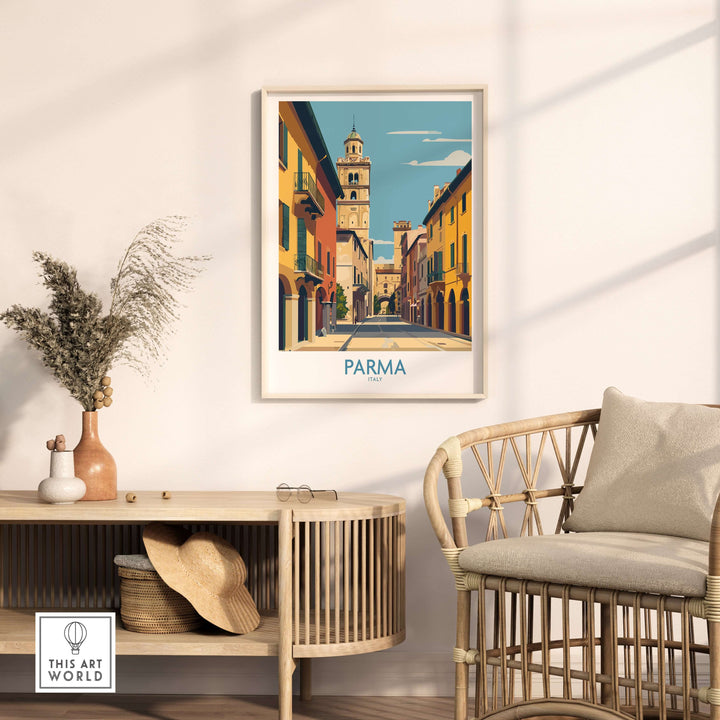 Charming Parma wall art print displaying colorful streets and architecture of Italy's cultural heritage.