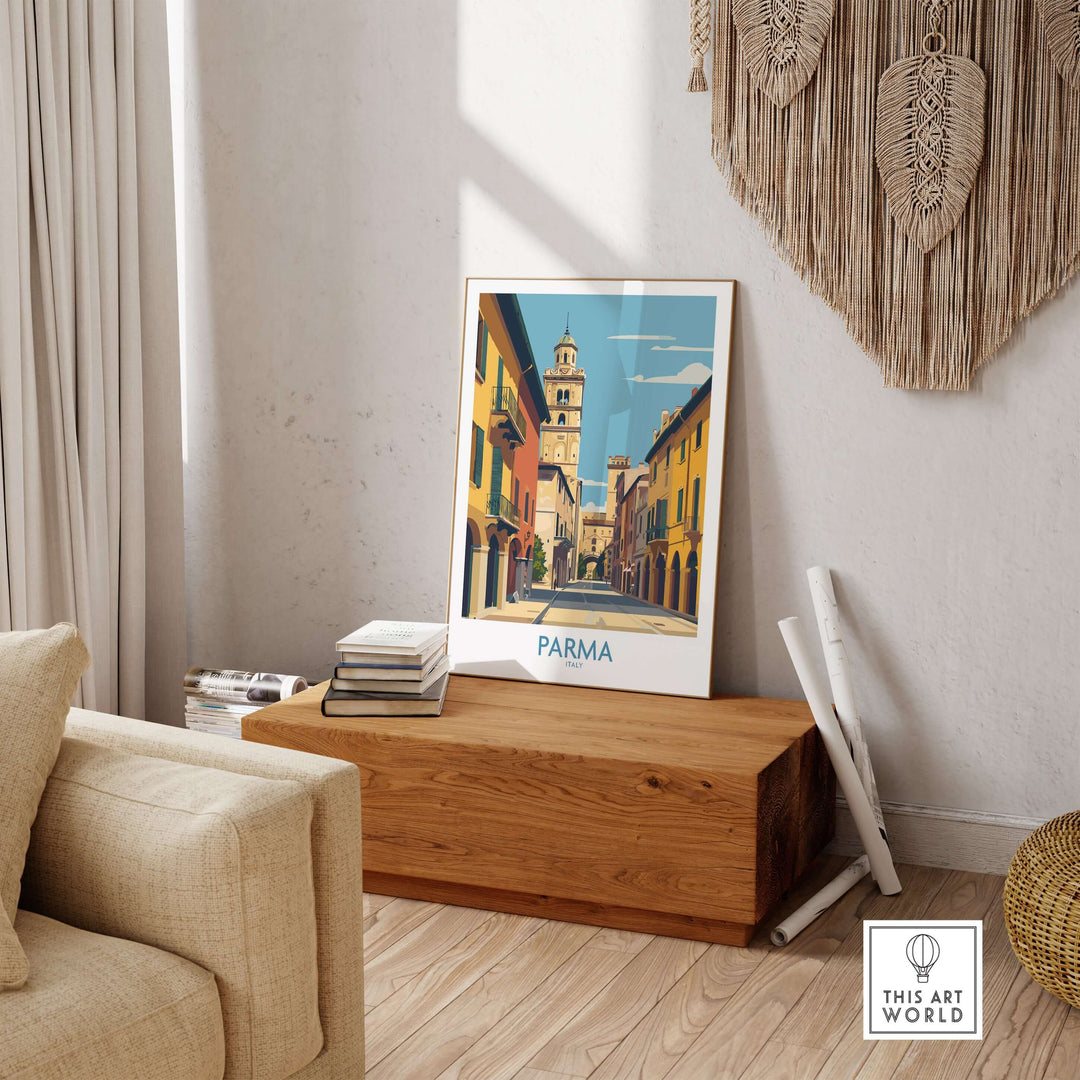 Parma Italy travel print displayed in a cozy living room, showcasing charming architecture and vibrant colors.