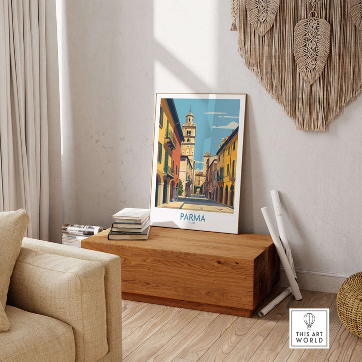 Parma Italy travel print displayed in a cozy living room, showcasing charming architecture and vibrant colors.