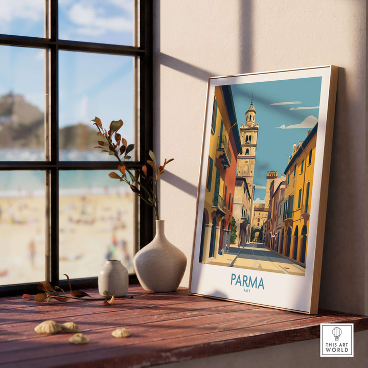Parma Italy travel print framed by window, showcasing city architecture and Mediterranean charm.
