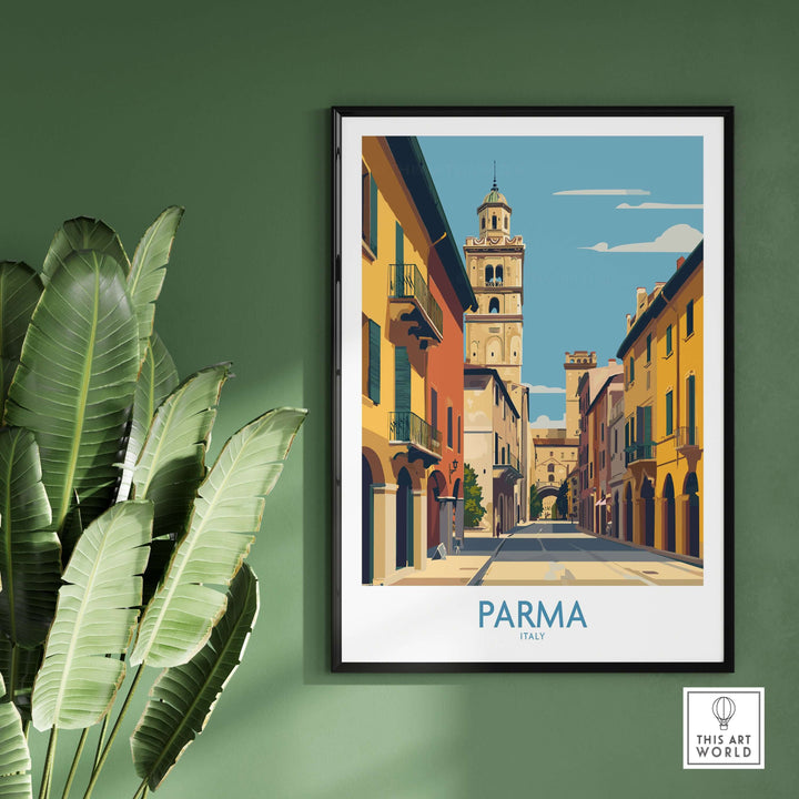 Parma wall art print featuring charming Italian architecture and a serene street scene in vibrant colors.