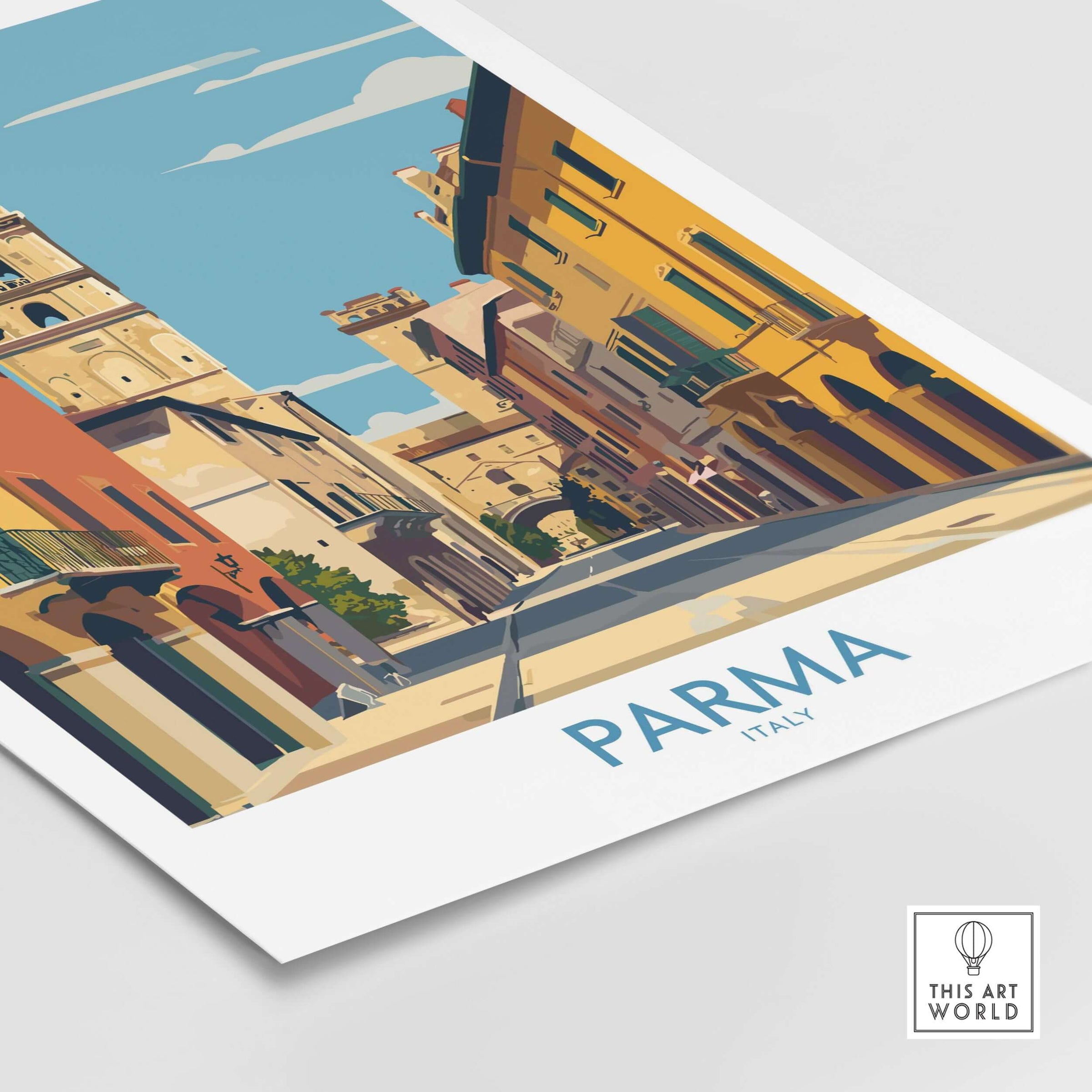Parma Wall Art - Italy Travel Print featuring a scenic street view with colorful buildings and the text PARMA ITALY.