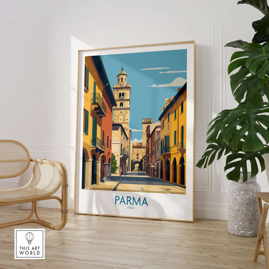 Parma wall art print featuring vibrant streetscapes of Italy, enhancing home décor with Mediterranean charm.