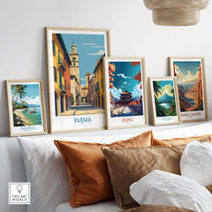 Parma Wall Art - Italy Travel Print featured among other travel prints in a stylish living room setting.