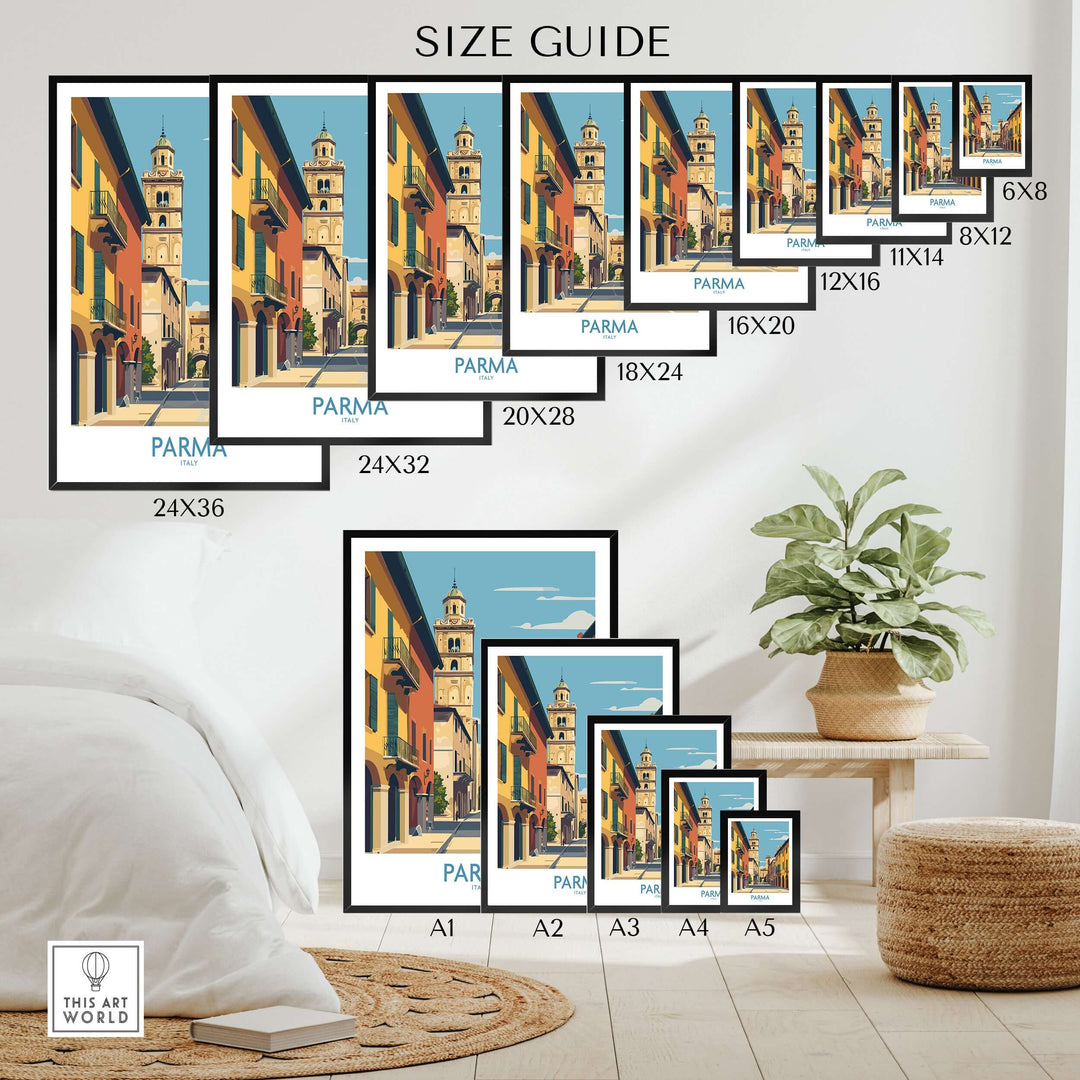 Size guide showing various dimensions for Parma Italy travel print wall art. Ideal for home décor enhancement.