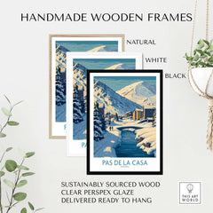 Pas de la Casa Andorra Art Print | Winter Village Bridge Poster in handmade wooden frames