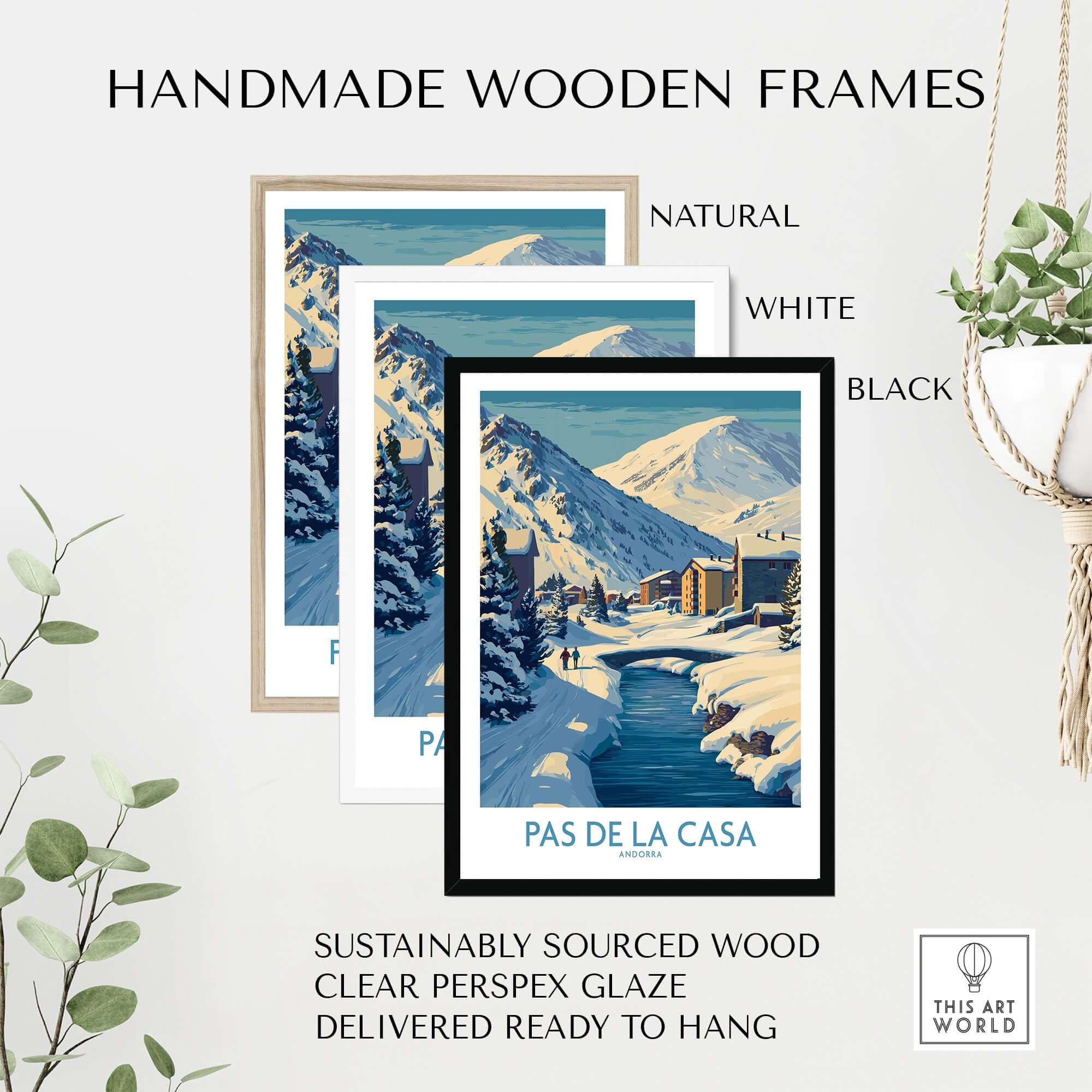 Pas de la Casa Andorra Art Print | Winter Village Bridge Poster in handmade wooden frames
