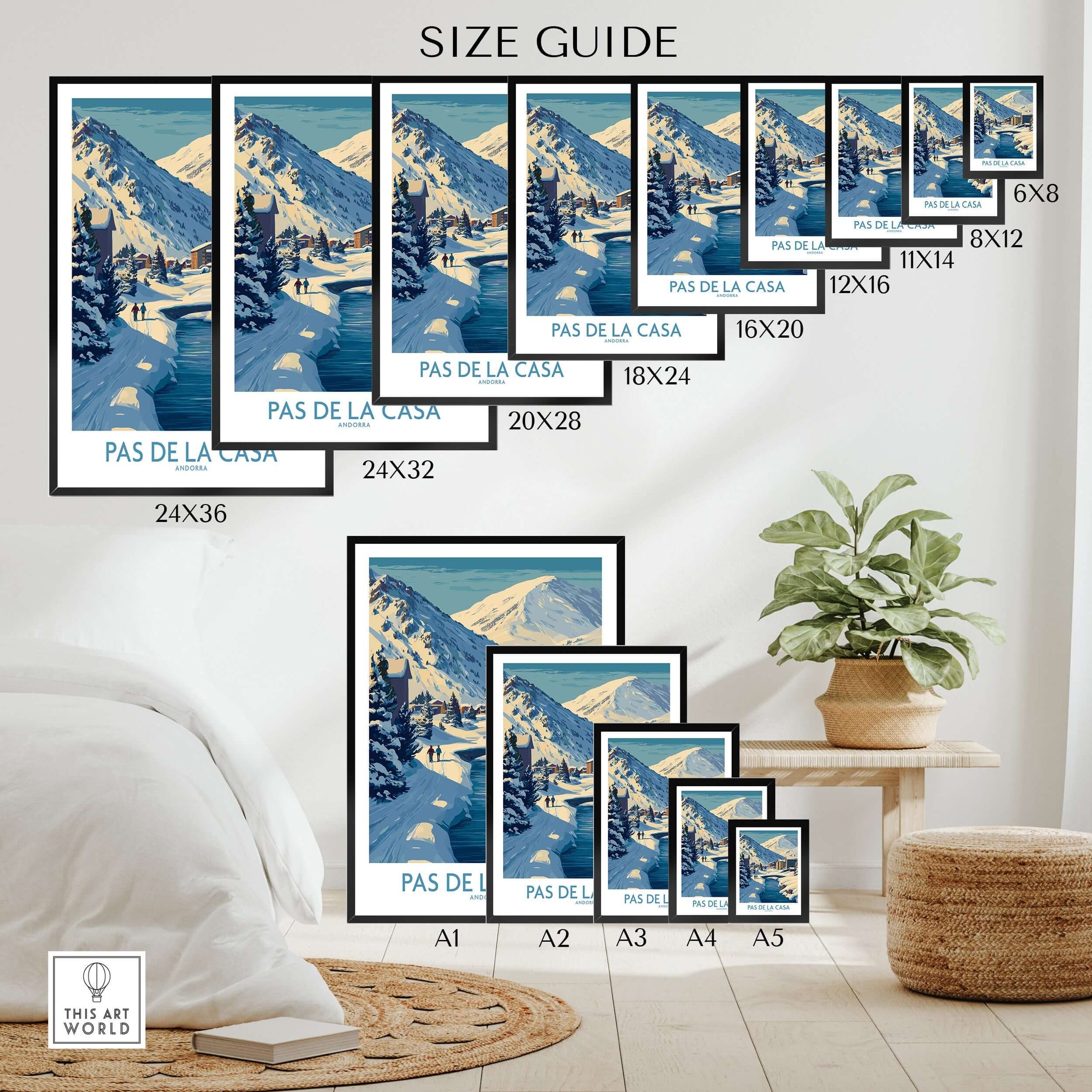 Pas de la Casa Andorra Art Print | Winter Village Bridge Poster size guide with various frame dimensions.